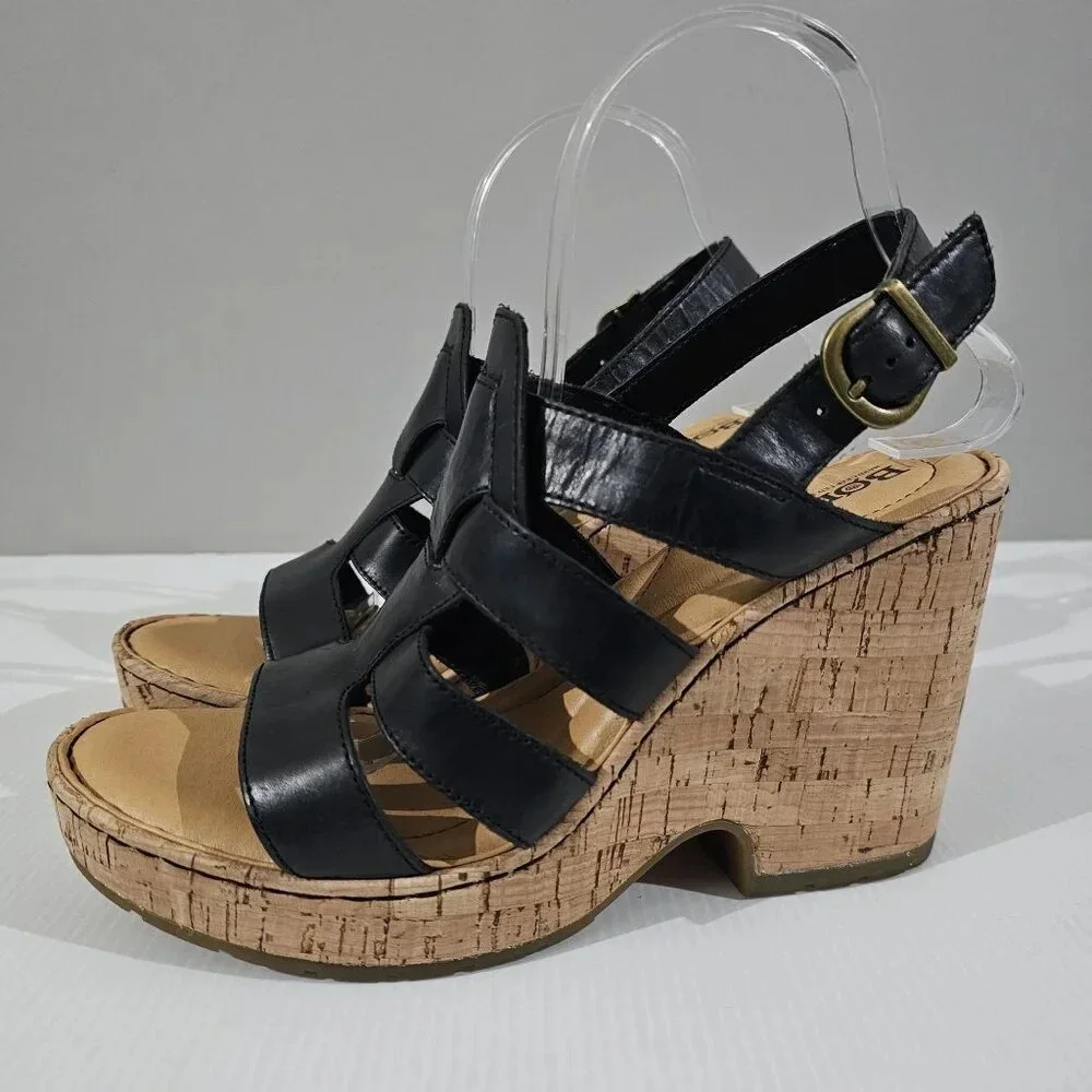 Born Bernese Cage Cork Wedge Sandal Womens 10 Black Leather Summer Platform - Picture 13 of 13